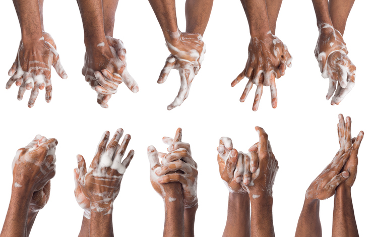 Set Of Black Man Washing Hands Isolated On White Background