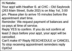 Screenshot of a text appointment reminder from CHC confirming Natalie’s May 1, 3:00 p.m. appointment with Heather S. at Old Saybrook, 263 Main Street, Suite 202. Message requests arrival 15 minutes early, payment of balances and co-pays, YES confirmation within two days, or RESCHEDULE/CANCEL; OptOut option appears at bottom